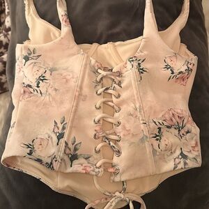 Wildfox Floral Lace-Up Crop Top - Cream and Pink